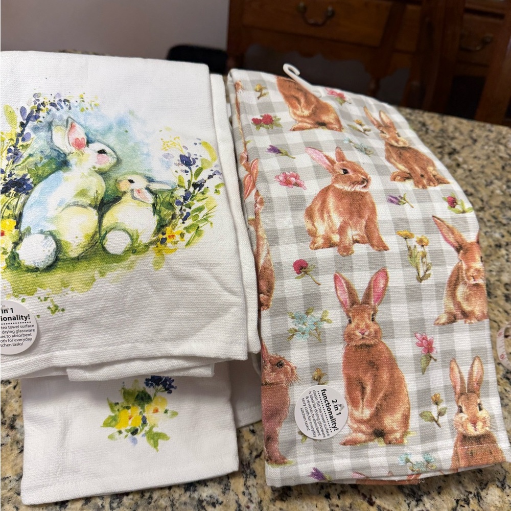 4-Bunny Print Kitchen Towels - Pastel Green & Brown